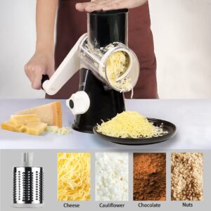 Handheld Rotary Cheese Grater Shredder- 3 Interchangeable Stainless Steel Drum Blades Manual Round Mandolin Vegetable Slicer Nut Grinder with Upgraded Strong Suction Base & Free Sharp Peeler, Black