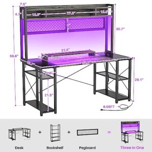 armocity 2024 Upgrade Gaming Desk with Hutch, 55.2'' Magic Computer Desk with LED and Outlets, Reversible Workstation Desk with Pegboard, Grey/Black