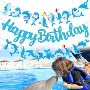 Dolphin Birthday Banner Decorations Dolphin Birthday Party Decorations Supplies Blue Glitter Dolphin Happy Birthday Banner Decorations for Under the Sea Themed Birthday Party Baby Shower Supplies