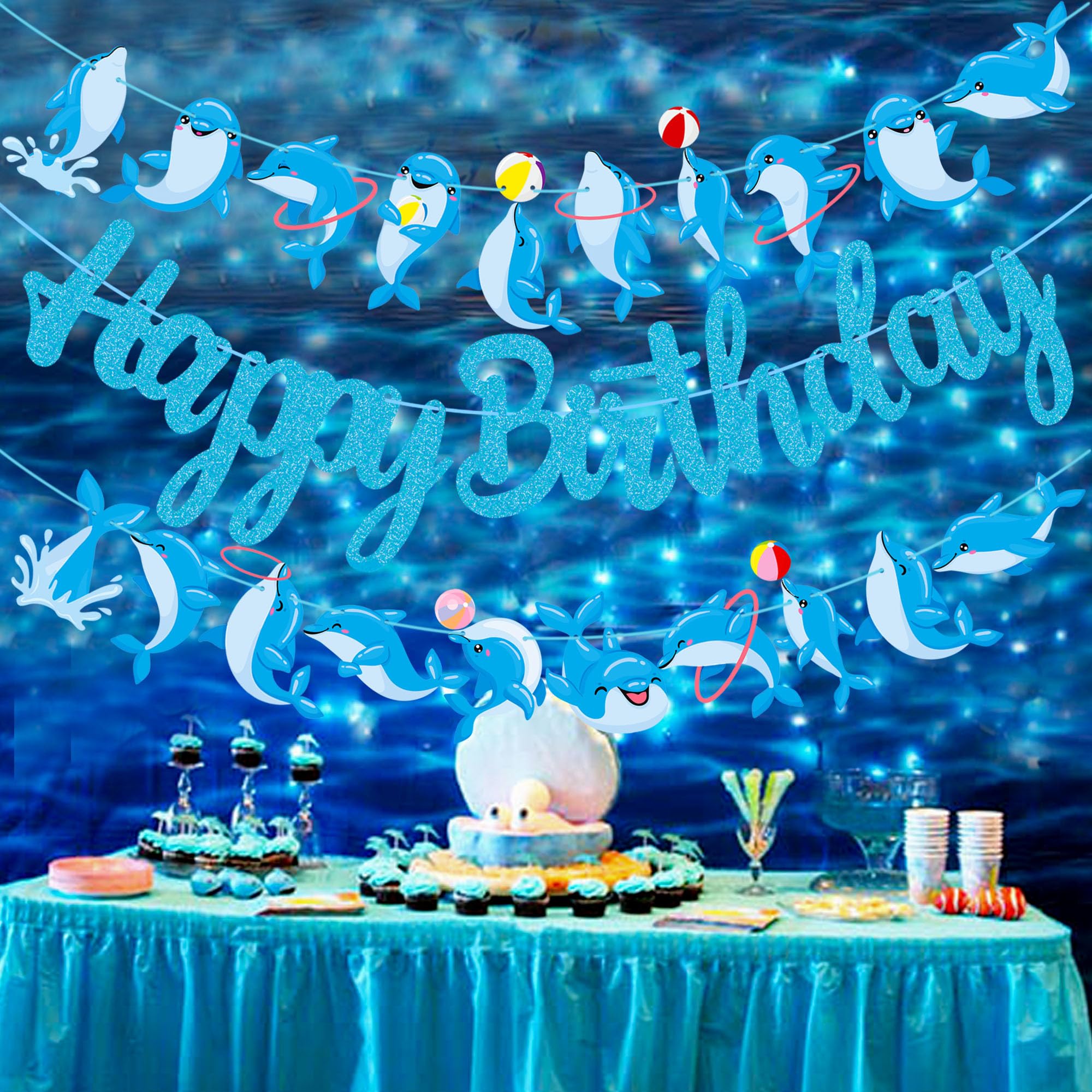 Dolphin Birthday Banner Decorations Dolphin Birthday Party Decorations Supplies Blue Glitter Dolphin Happy Birthday Banner Decorations for Under the Sea Themed Birthday Party Baby Shower Supplies