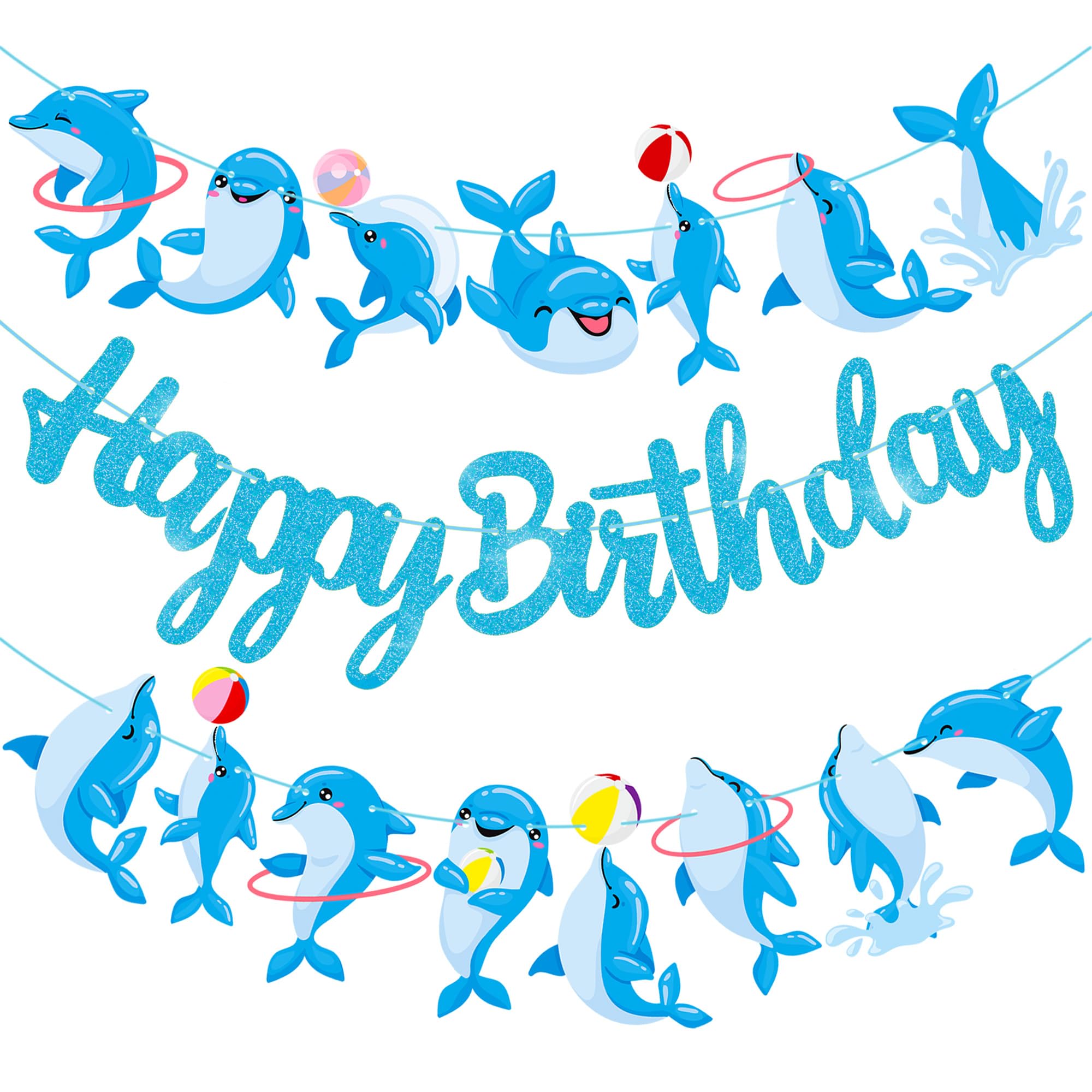 Dolphin Birthday Banner Decorations Dolphin Birthday Party Decorations Supplies Blue Glitter Dolphin Happy Birthday Banner Decorations for Under the Sea Themed Birthday Party Baby Shower Supplies