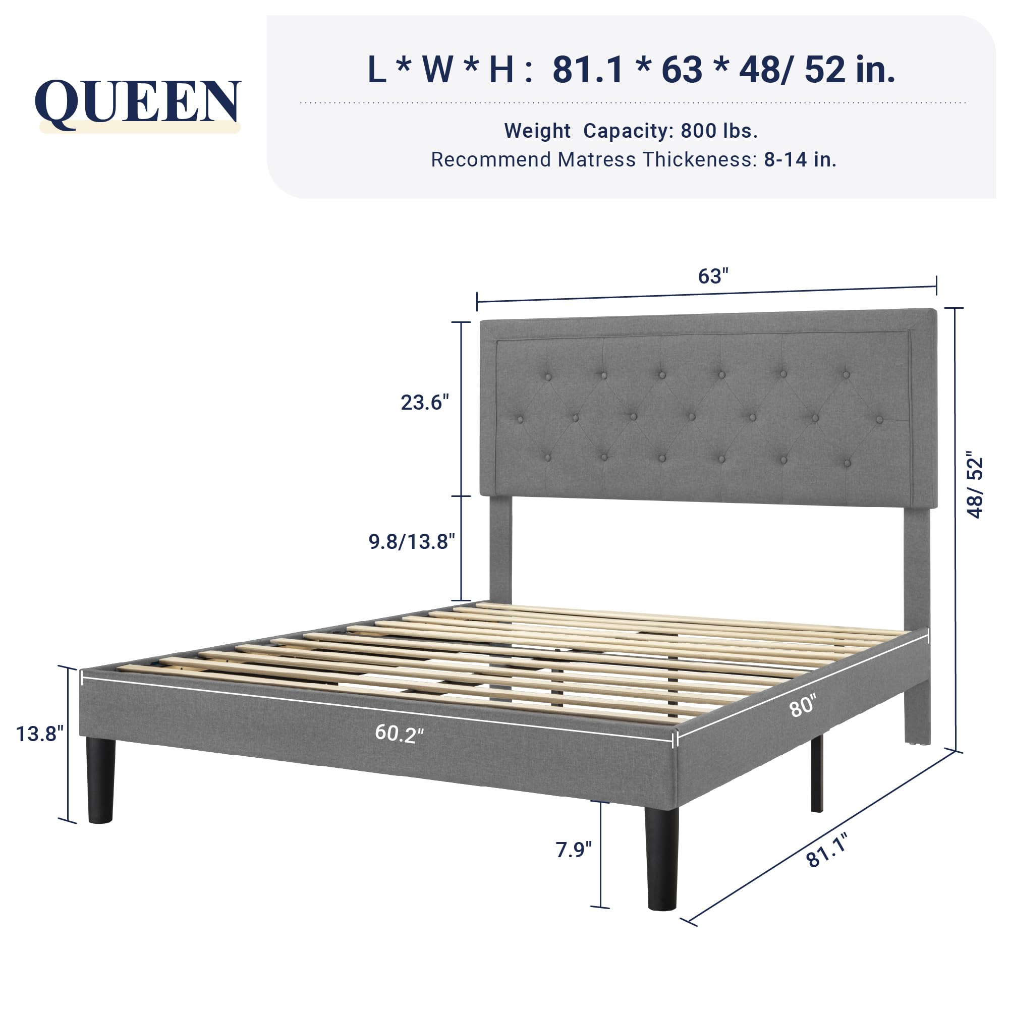 Allewie Queen Size Bed Frame Upholstered Platform Bed with Adjustable Headboard, Button Tufted, Wood Slat Support, Easy Assembly, Light Grey