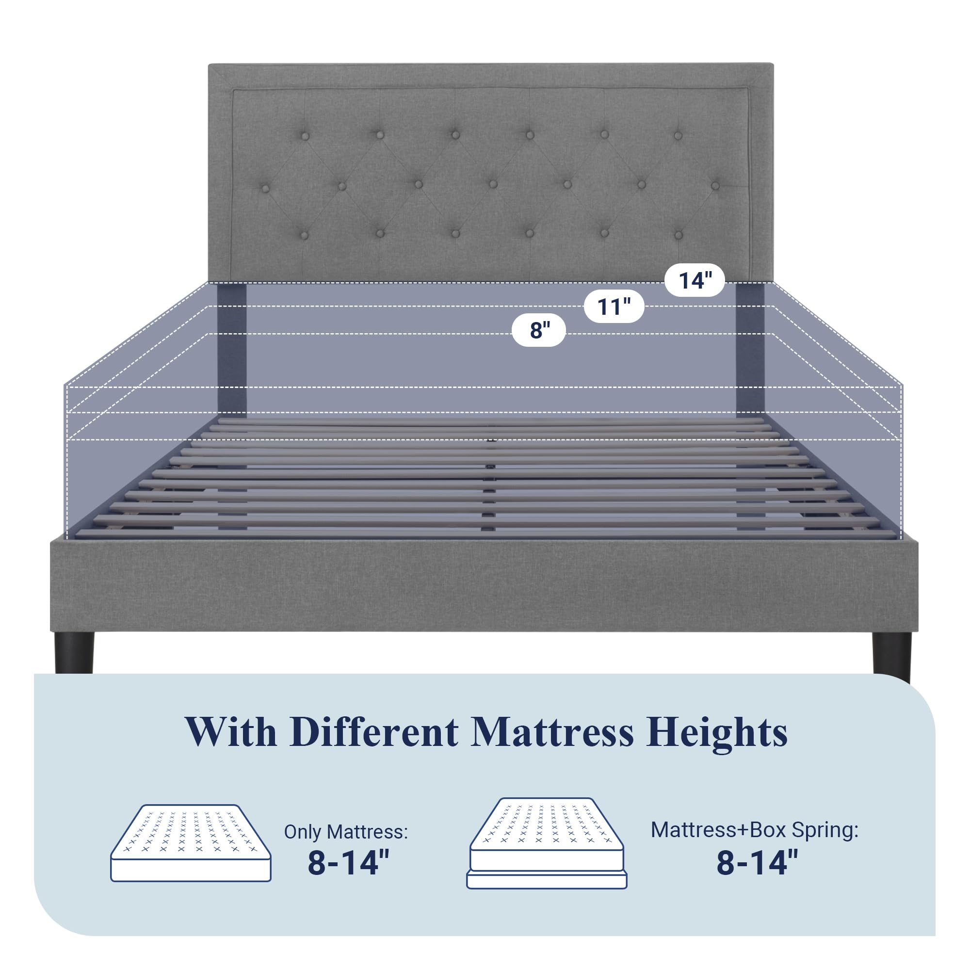 Allewie Queen Size Bed Frame Upholstered Platform Bed with Adjustable Headboard, Button Tufted, Wood Slat Support, Easy Assembly, Light Grey