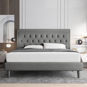 Allewie Queen Size Bed Frame Upholstered Platform Bed with Adjustable Headboard, Button Tufted, Wood Slat Support, Easy Assembly, Light Grey