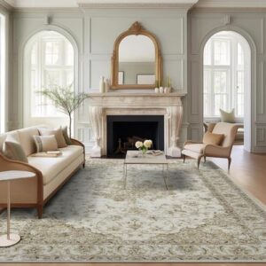 jinchan washable area rug 6x9 low pile stain resistant living room vintage rug floral medallion distressed carpet ultra-thin non slip indoor carpet for kitchen bedroom dining room farmhouse taupe