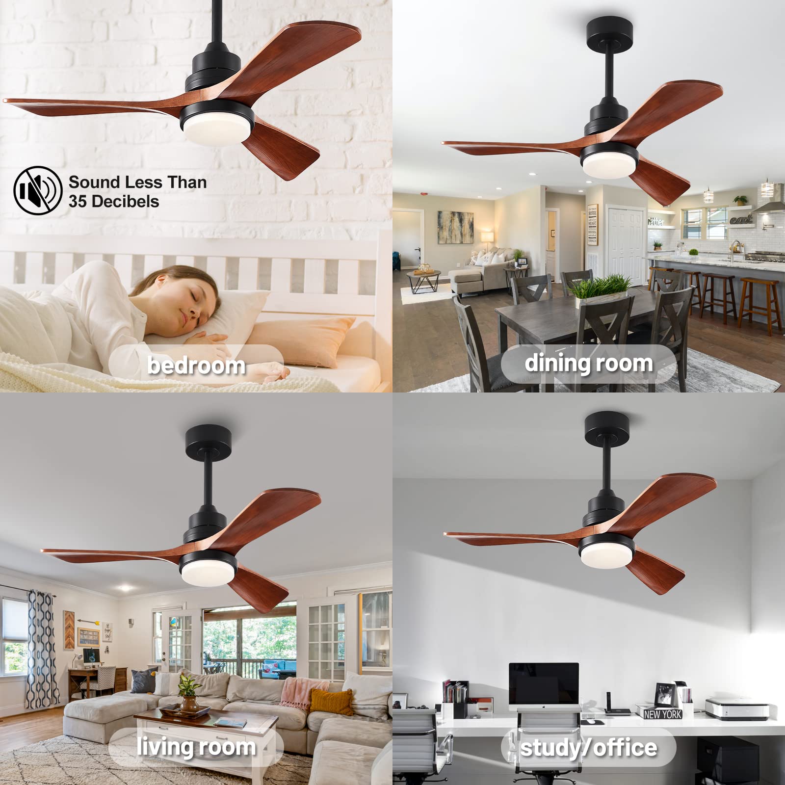 FXZZ 42" Wood Ceiling Fans with Lights and Remote, Quiet Reversible DC Motor and 3 Color LED Light, 3 Blades 6 Speed Ceiling Fan for Farmhouse Living Room Bedroom Dining Room Workroom Study