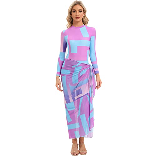 Burkini Swimsuits for Women Muslim Full Coverage Swimsuit Modest Swimwear Long Sleeve One Piece Bathing Suit + Swim Pants + Skirt + Mesh Sarong Coverup Sun Protection Swimming Suit Hot Pink 4PCS S