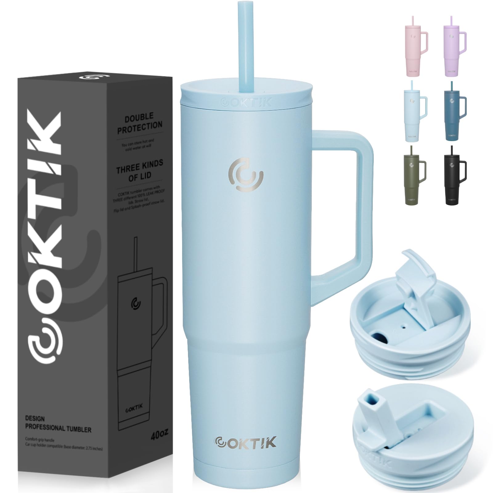 COKTIK 40 oz Tumbler with Handle and Straw, 3 Lids (Straw/Flip), Stainless Steel Vacuum Insulated Cup, 40 Ounce Travel Mug,Cupholder Friendly,Keeps Water Cold,Easy to Clean(Fog)