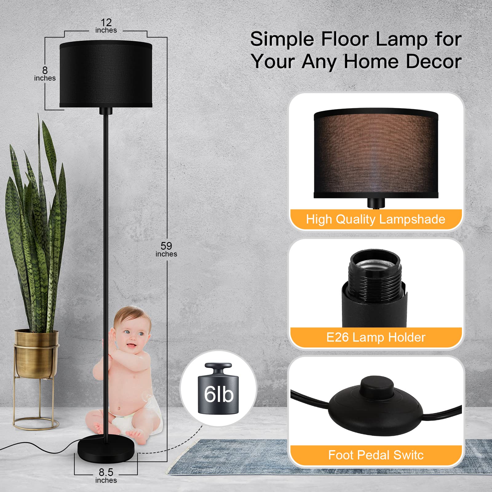 Floor Lamps for Living Room, Modern Standing Lamp with Bulb(12W, 2700K), Black Lamp Shades, Foot Switch, Simple Pole Lamps Corner Lamp for Bedroom,Office, Living Room, Den, Bright Reading Floor Lamp