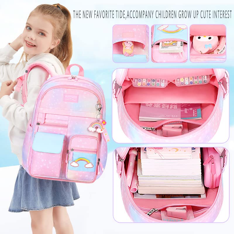 IHZZ Kawaii Backpack, Pink Backpack for Girls, Kid Starry Rainbow Bookbag, Cute Backpack for Kids, Aesthetic Backpack, Blue(3 PCS Set)