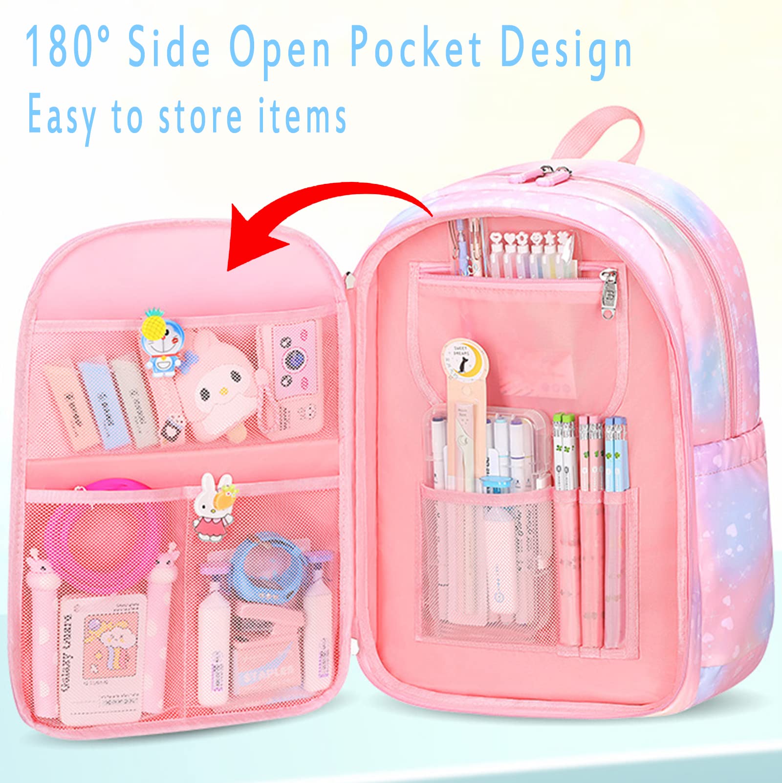 IHZZ Kawaii Backpack, Pink Backpack for Girls, Kid Starry Rainbow Bookbag, Cute Backpack for Kids, Aesthetic Backpack, Blue(3 PCS Set)