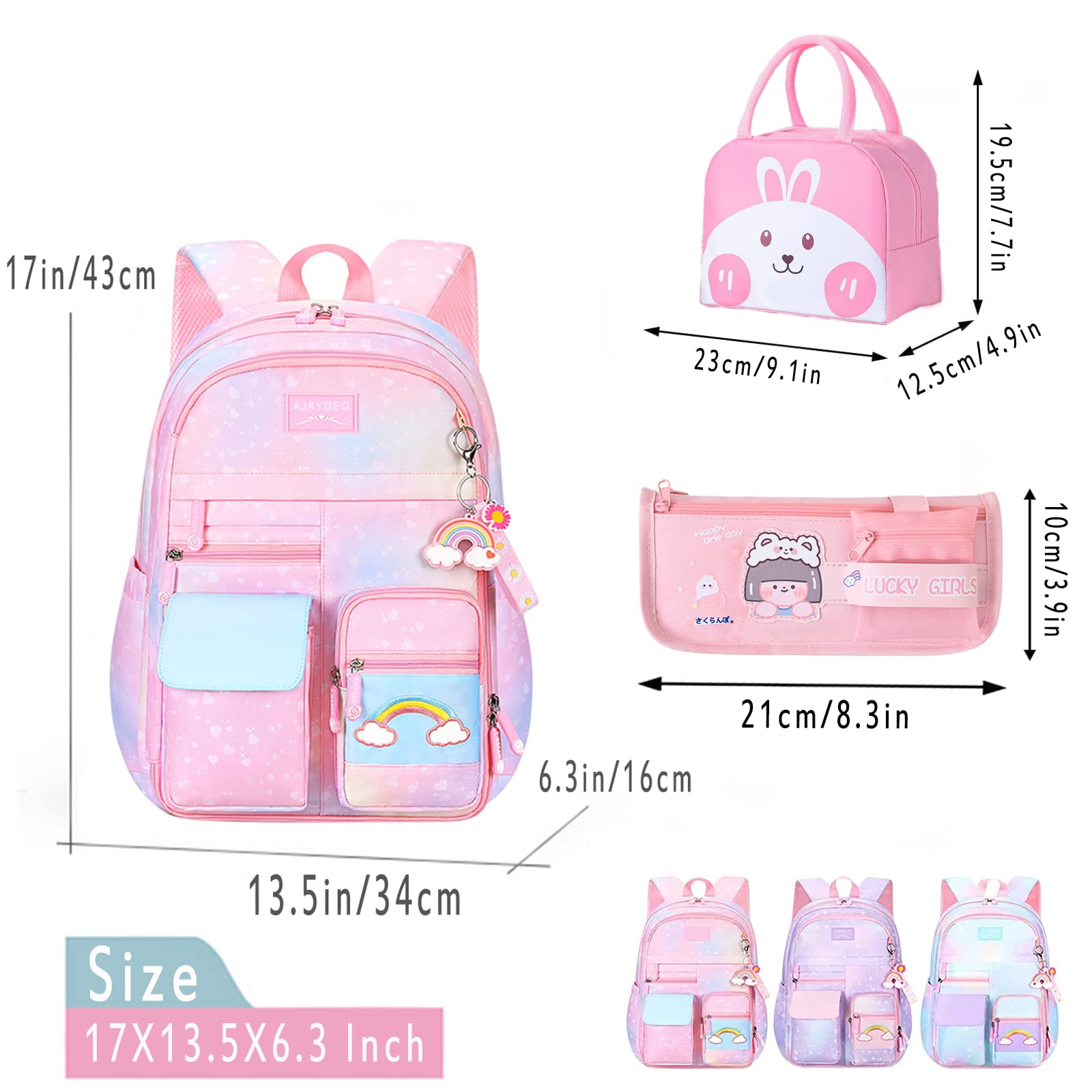 IHZZ Kawaii Backpack, Pink Backpack for Girls, Kid Starry Rainbow Bookbag, Cute Backpack for Kids, Aesthetic Backpack, Blue(3 PCS Set)