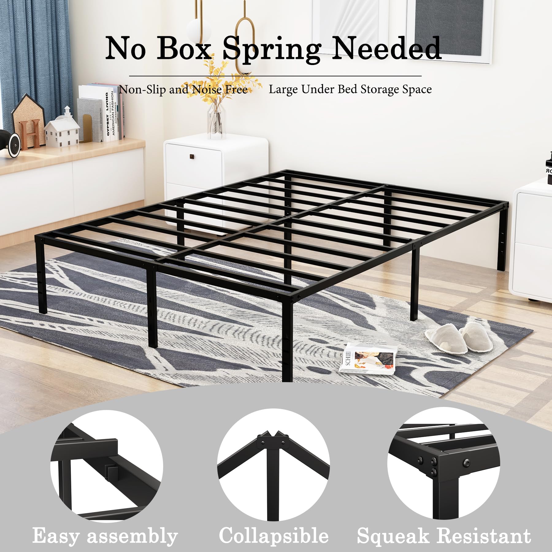 Yedop 18 Inch Full Size Metal Bed Frame, Full Bed Frame No Box Spring Needed, 2500 lbs Heavy Duty Steel Slat Support, Non-Slip, Noise Free, Sturdy Metal Bed Frame, Black