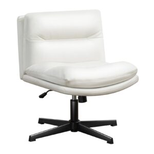 Darkecho Office Chair Armless Desk Chair No Wheels,Thick Padded Leather Home Office Chairs, Adjustable Swivel Rocking Vanity Chair, Wide Task Computer Chair for Office,Home,Make Up,Bedroom White