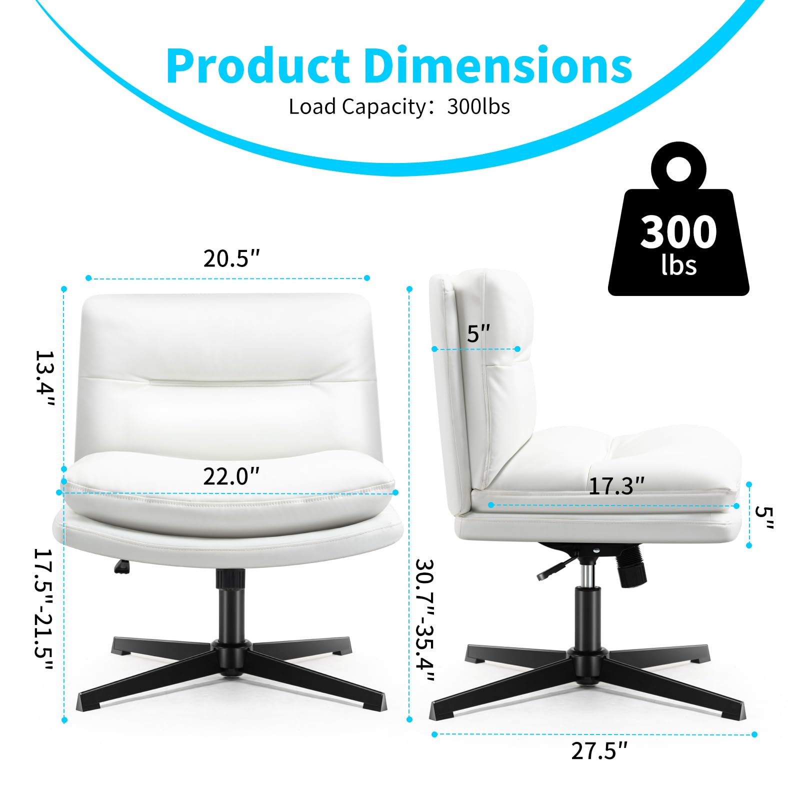 Darkecho Office Chair Armless Desk Chair No Wheels,Thick Padded Leather Home Office Chairs, Adjustable Swivel Rocking Vanity Chair, Wide Task Computer Chair for Office,Home,Make Up,Bedroom White