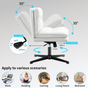 Darkecho Office Chair Armless Desk Chair No Wheels,Thick Padded Leather Home Office Chairs, Adjustable Swivel Rocking Vanity Chair, Wide Task Computer Chair for Office,Home,Make Up,Bedroom White