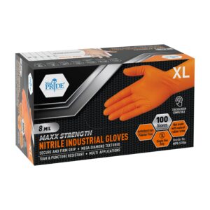 med pride maxx strength nitrile industrial gloves, 8 mil thick [100 gloves/large] - diamond texture disposable safety- heavy-duty, tear-resistant mechanic automotive food handling gloves- orange