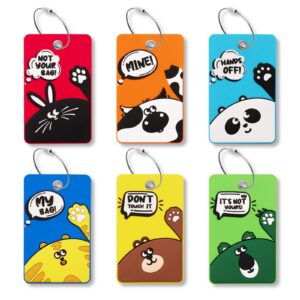 siveumil 6pcs unique cute animal luggage tags with smile reminder,bright silicone,includes name cards with full privacy cover & stainless steel loops,funny suitcase identify labels for women men kids