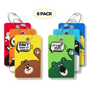 SIVEUMIL 6PCS Unique Cute Animal Luggage Tags with Smile Reminder,Bright Silicone,Includes Name Cards with Full Privacy Cover & Stainless Steel Loops,Funny Suitcase Identify Labels for Women Men Kids