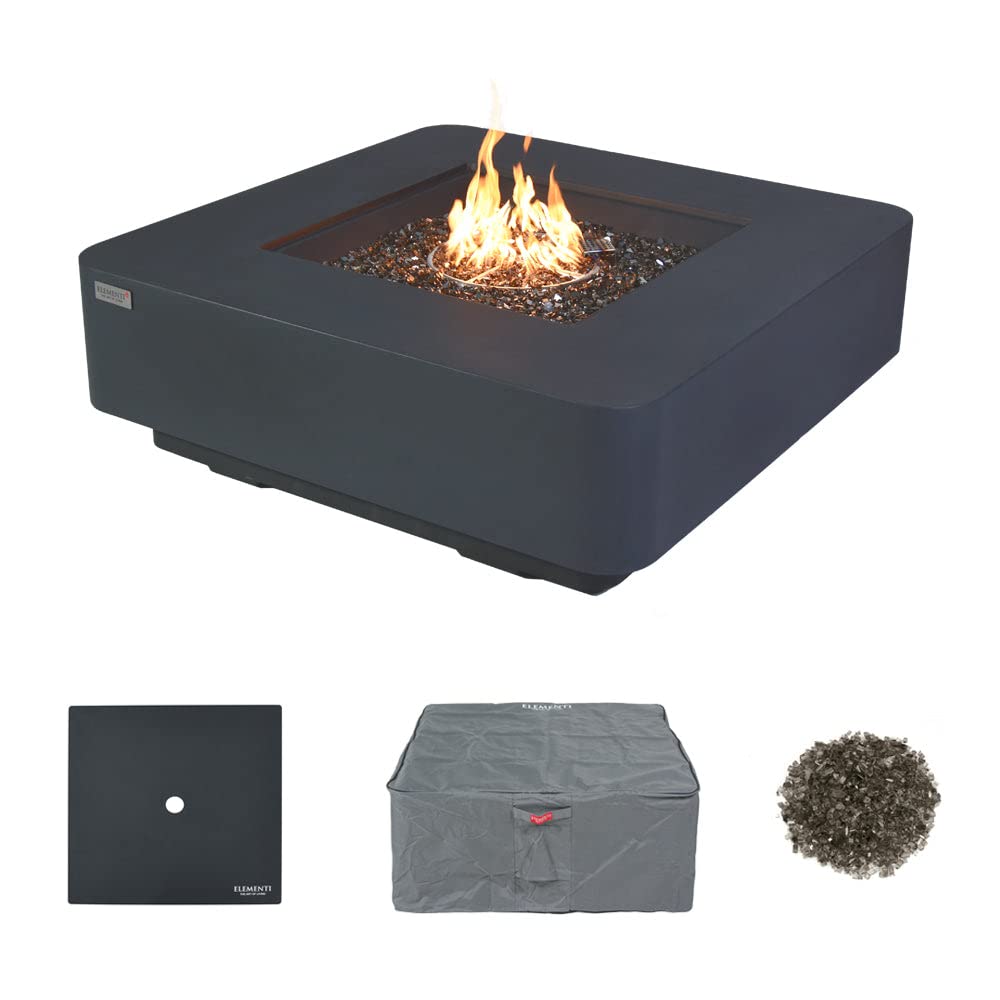 Elementi Plus Bergamo Natural Gas Fire Pit for Outside Outdoor Fire Pit Table Smokeless Firepit Concrete Square Fire Table Patio Heater Fireplace 60000 BTUs - Dark Grey, 42.1 x 42.1 Inches