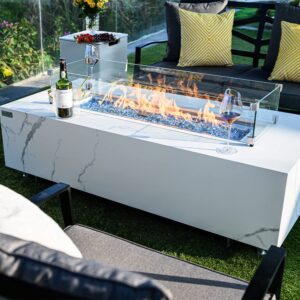 Elementi Plus Carrara Natural Gas Fire Pit Outside Outdoor Fire Pit Table Smokeless Firepit Marble Porcelain Rectangular Fire Table Patio Heater Fireplace 60000 BTUs - Bianco White, 59.8 x 28 Inches