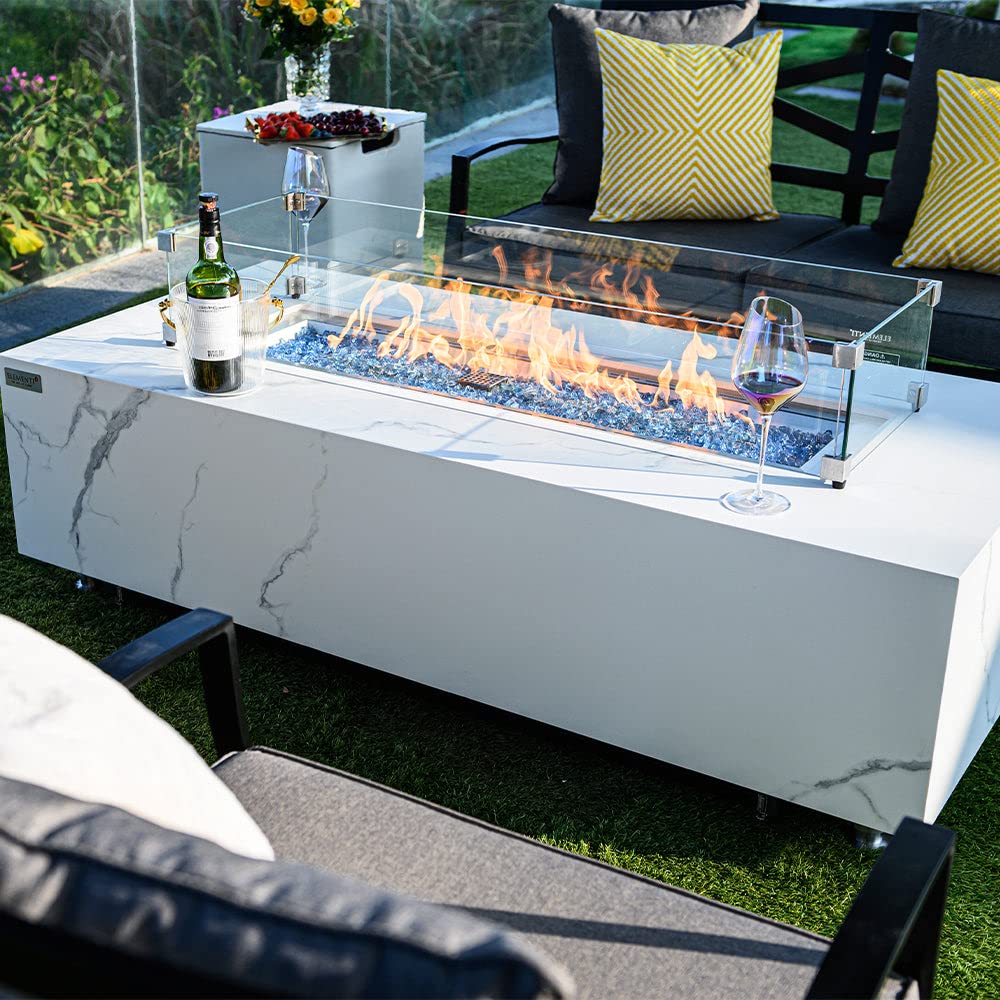 Elementi Plus Carrara Natural Gas Fire Pit Outside Outdoor Fire Pit Table Smokeless Firepit Marble Porcelain Rectangular Fire Table Patio Heater Fireplace 60000 BTUs - Bianco White, 59.8 x 28 Inches