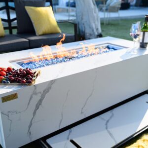 Elementi Plus Carrara Natural Gas Fire Pit Outside Outdoor Fire Pit Table Smokeless Firepit Marble Porcelain Rectangular Fire Table Patio Heater Fireplace 60000 BTUs - Bianco White, 59.8 x 28 Inches