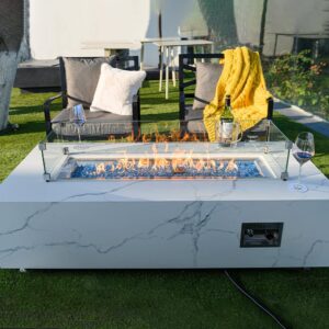 Elementi Plus Carrara Natural Gas Fire Pit Outside Outdoor Fire Pit Table Smokeless Firepit Marble Porcelain Rectangular Fire Table Patio Heater Fireplace 60000 BTUs - Bianco White, 59.8 x 28 Inches