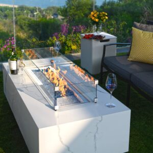 Elementi Plus Carrara Natural Gas Fire Pit Outside Outdoor Fire Pit Table Smokeless Firepit Marble Porcelain Rectangular Fire Table Patio Heater Fireplace 60000 BTUs - Bianco White, 59.8 x 28 Inches