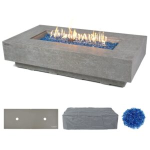 Elementi Plus Riviera Natural Gas Fire Pit for Outside Outdoor Fire Pit Table Smokeless Firepit Concrete Rectangular Fire Table Patio Heater Fireplace 60000 BTUs - Light Grey, 60 x 31.9 Inches