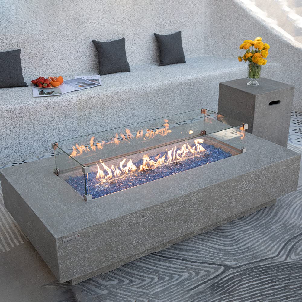 Elementi Plus Riviera Natural Gas Fire Pit for Outside Outdoor Fire Pit Table Smokeless Firepit Concrete Rectangular Fire Table Patio Heater Fireplace 60000 BTUs - Light Grey, 60 x 31.9 Inches