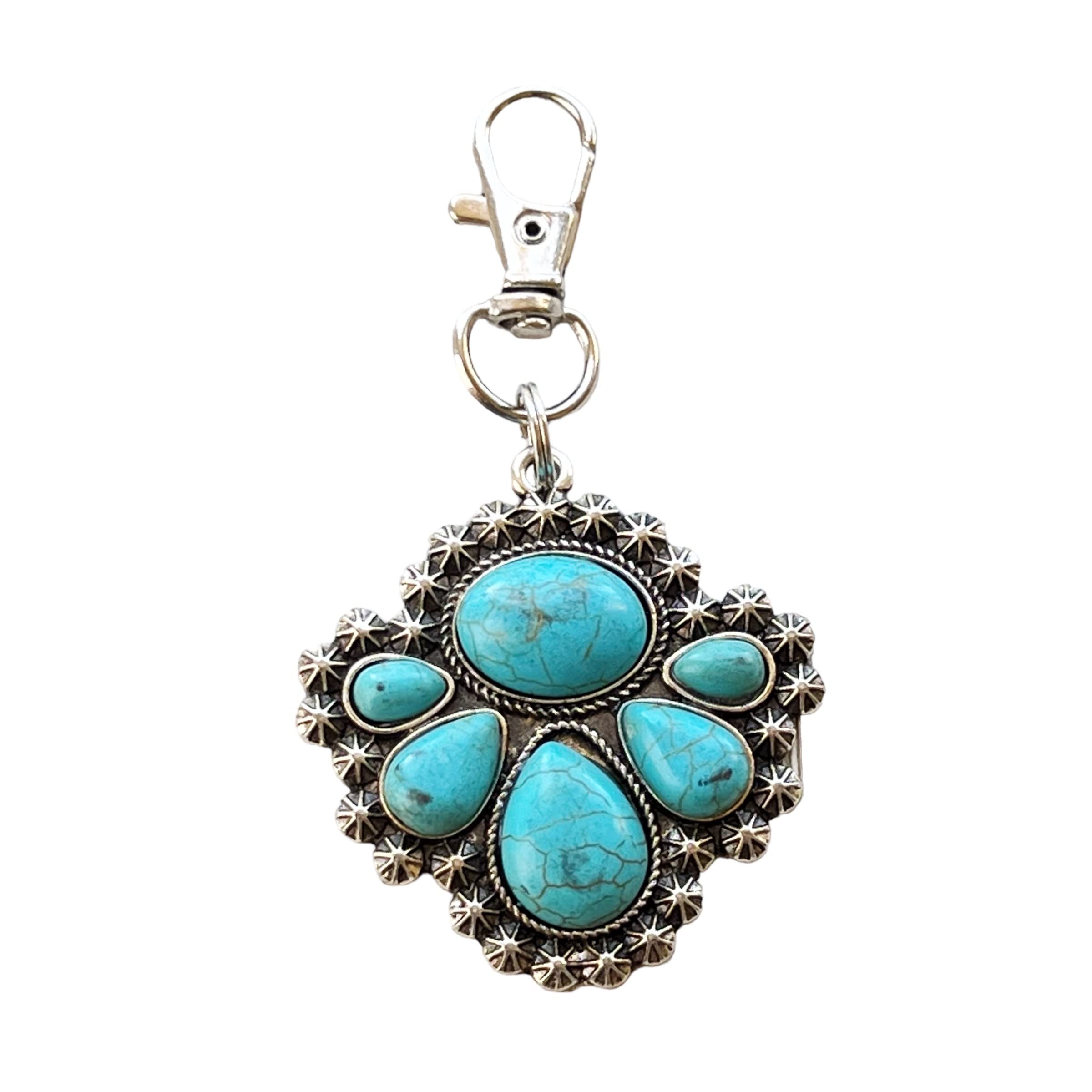 Silver Boho Western Medallion Turquoise Zipper Pull for Backpacks, Cute Purse Charms, Unique Custom Handbag Jewelry, Personalized Zipper Charms, Camera Bag Charms, Cool Key Chain Charm