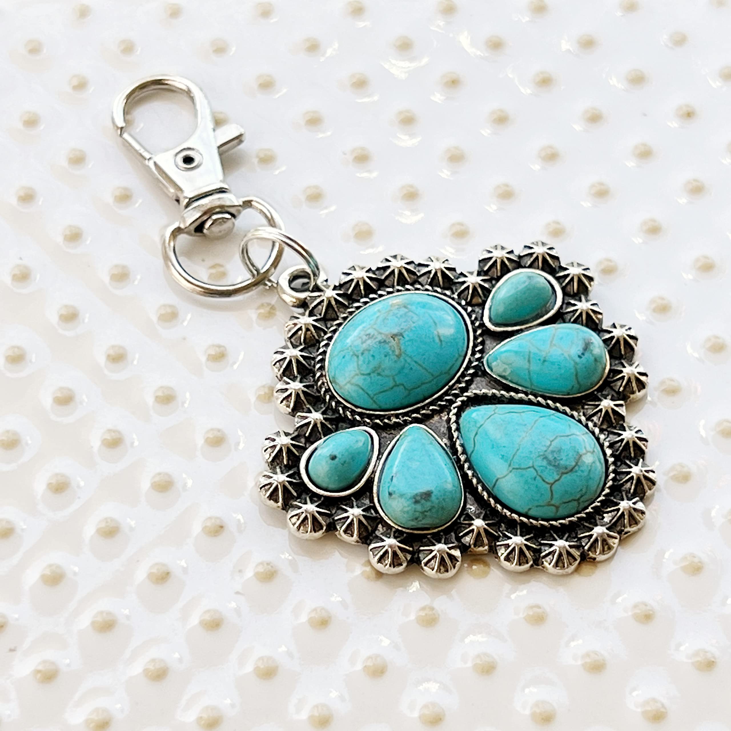 Silver Boho Western Medallion Turquoise Zipper Pull for Backpacks, Cute Purse Charms, Unique Custom Handbag Jewelry, Personalized Zipper Charms, Camera Bag Charms, Cool Key Chain Charm