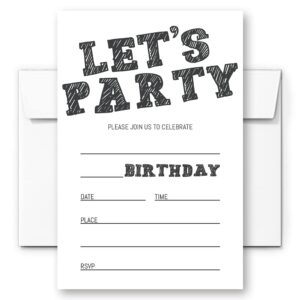 Simple Black and White Birthday Invitations, Birthday Invitations for Boys Teens Kids Girls, Birthday Invitations, Birthday Party Invitations. (Let's Party(020))