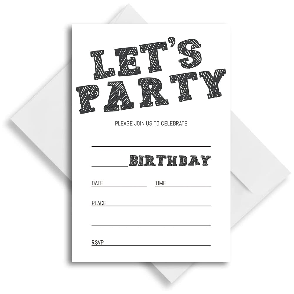 Simple Black and White Birthday Invitations, Birthday Invitations for Boys Teens Kids Girls, Birthday Invitations, Birthday Party Invitations. (Let's Party(020))