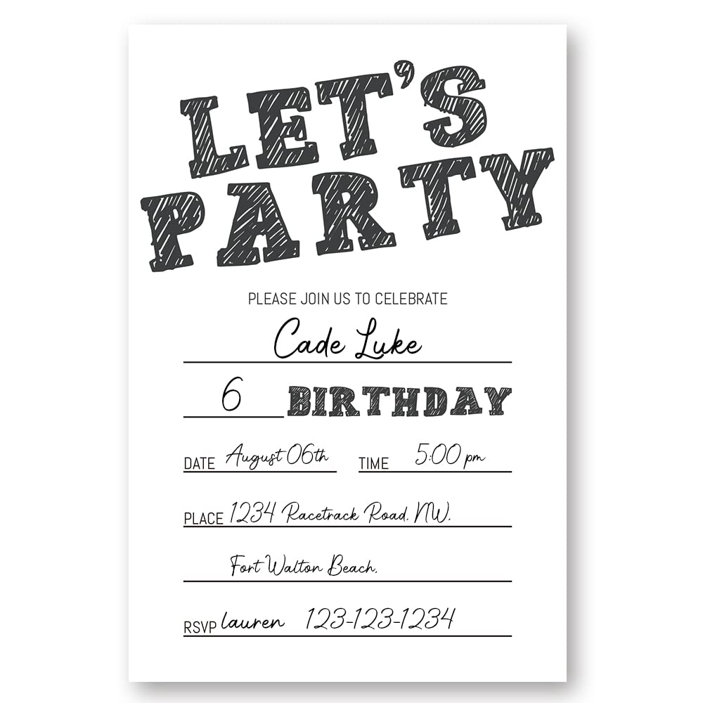 Simple Black and White Birthday Invitations, Birthday Invitations for Boys Teens Kids Girls, Birthday Invitations, Birthday Party Invitations. (Let's Party(020))