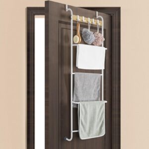 over the door towel rack 5 tier towel door hanger for bathroom over the door towel bar hanger with hooks back of door towel rod organizer for clothes hand towels (white and wood)