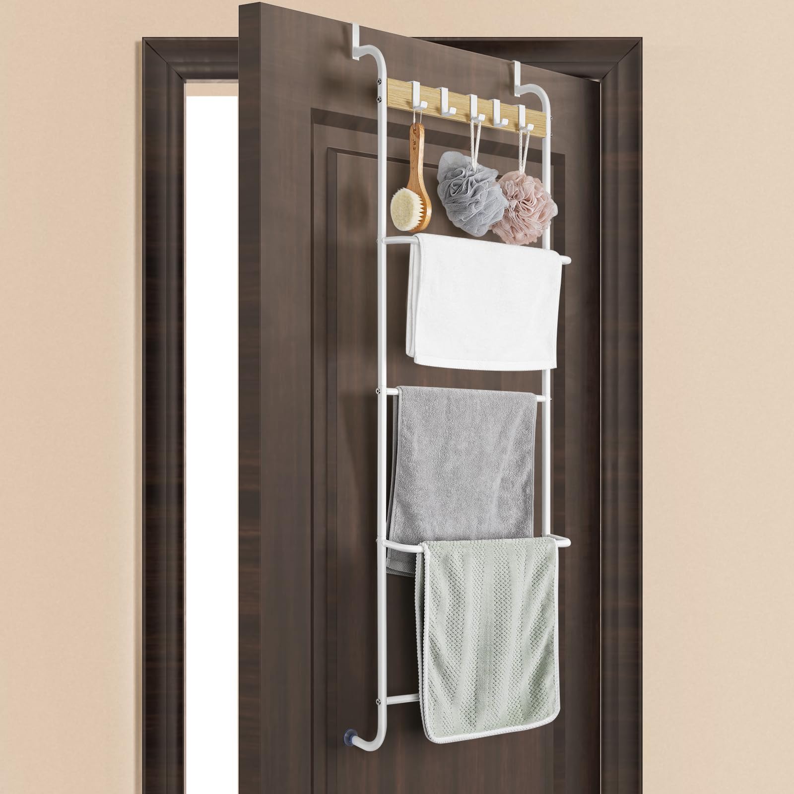 Over The Door Towel Rack 5 Tier Towel Door Hanger for Bathroom Over The Door Towel Bar Hanger with Hooks Back of Door Towel Rod Organizer for Clothes Hand Towels (White and Wood)