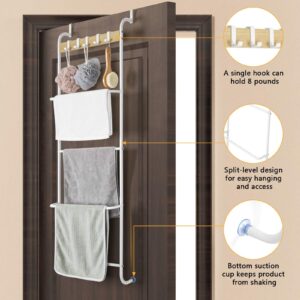 Over The Door Towel Rack 5 Tier Towel Door Hanger for Bathroom Over The Door Towel Bar Hanger with Hooks Back of Door Towel Rod Organizer for Clothes Hand Towels (White and Wood)