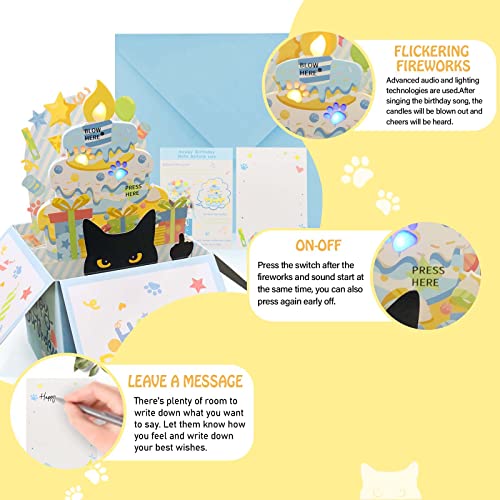 DTESL 3D Pop Up Funny Birthday Cards, 3D Black Cat Birthday Card for women, Cat Mom or Dad Greeting Cards for Every Cat Lover, Press the power button to play: plays hit song 'Happy Birthday'