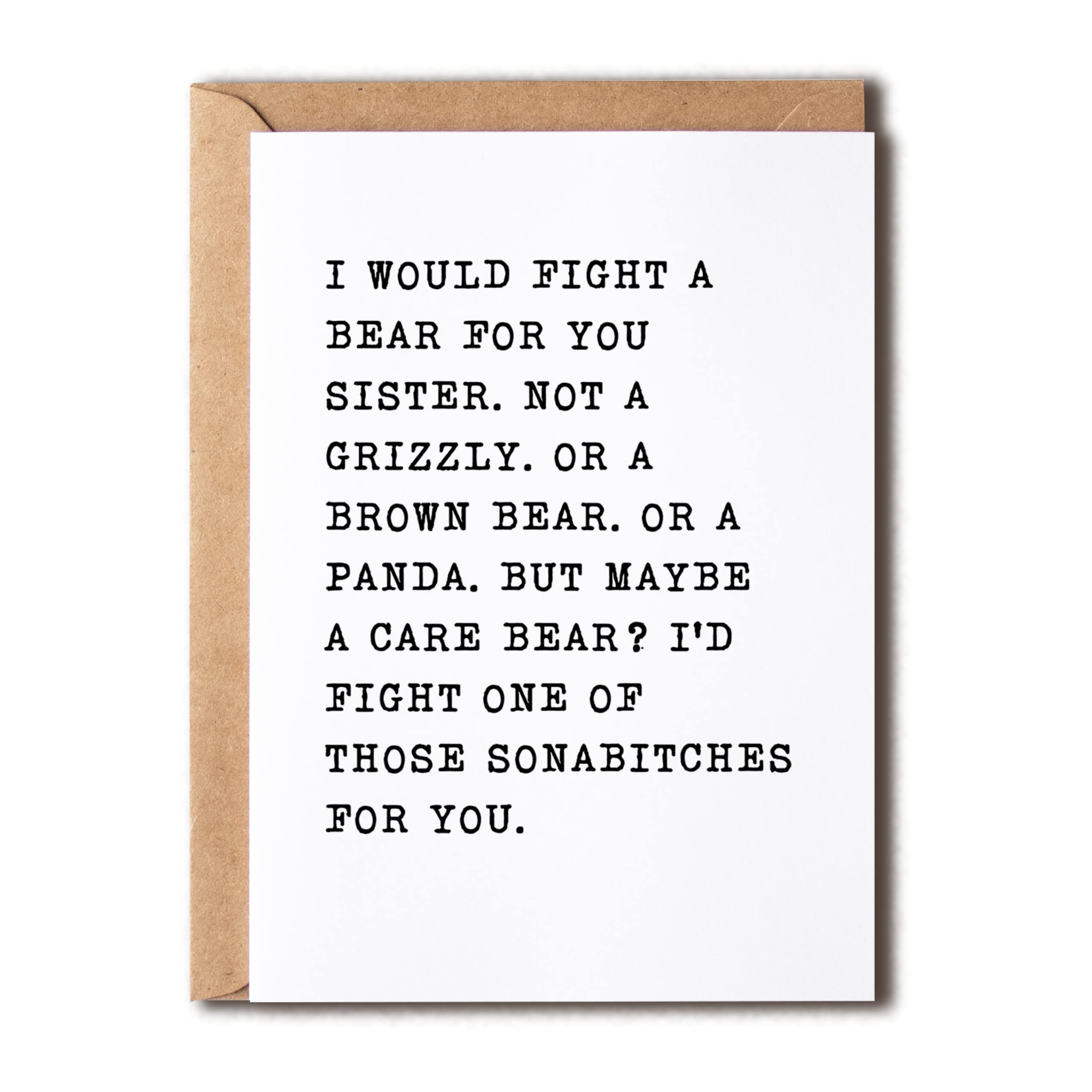 EdgarGifts I Would Fight A Bear For You Sister - Sister Card - Funny Card For Sister - Thank You For Being My Sister - Happy Birthday Card For Sister