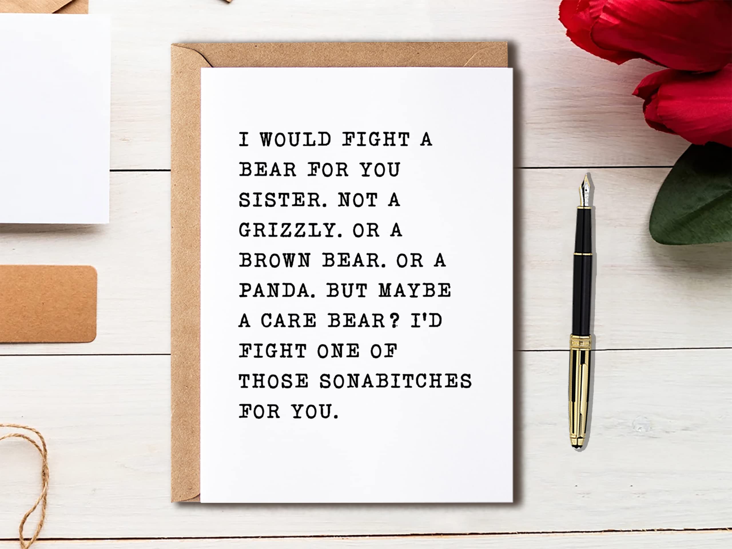 EdgarGifts I Would Fight A Bear For You Sister - Sister Card - Funny Card For Sister - Thank You For Being My Sister - Happy Birthday Card For Sister