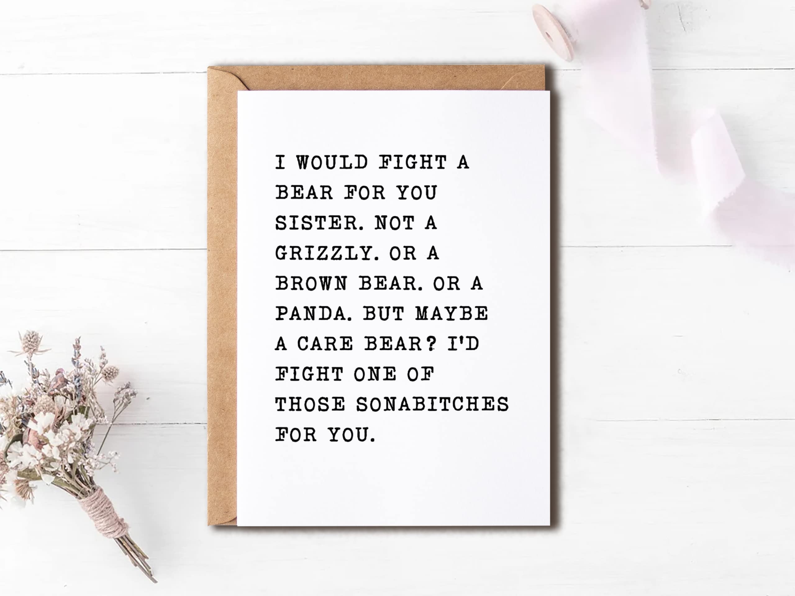 EdgarGifts I Would Fight A Bear For You Sister - Sister Card - Funny Card For Sister - Thank You For Being My Sister - Happy Birthday Card For Sister