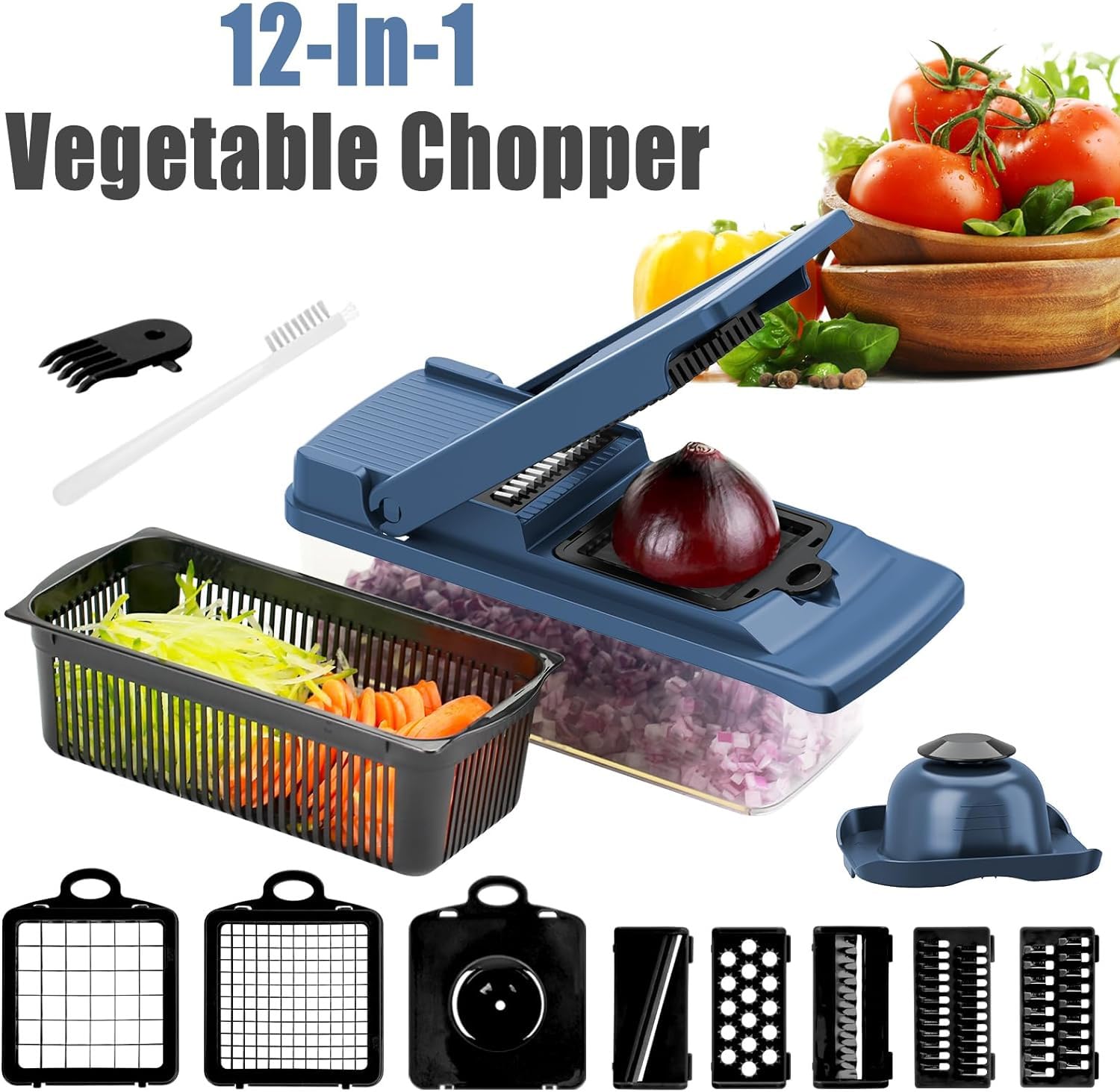 Pro Vegetable Chopper, Onion Chopper Slicer Dicer with Container, Food Chopper Vegetable Slicer, Veggie Chopper Slicer Dicer Cutter, 12-in-1 Mandoline Slicer, Blue