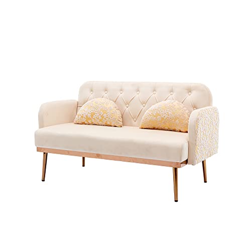 Anwickmak Twin Size Loveseat Accent Sofa Small Velvet Couch with Elegant Moon Shape 2 Pillows and Golden Metal Legs, for Living Room Bedroom Sofa with Tufted Backrest, (Beige)