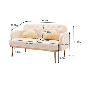 Anwickmak Twin Size Loveseat Accent Sofa Small Velvet Couch with Elegant Moon Shape 2 Pillows and Golden Metal Legs, for Living Room Bedroom Sofa with Tufted Backrest, (Beige)