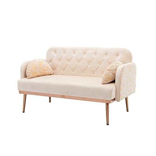 Anwickmak Twin Size Loveseat Accent Sofa Small Velvet Couch with Elegant Moon Shape 2 Pillows and Golden Metal Legs, for Living Room Bedroom Sofa with Tufted Backrest, (Beige)