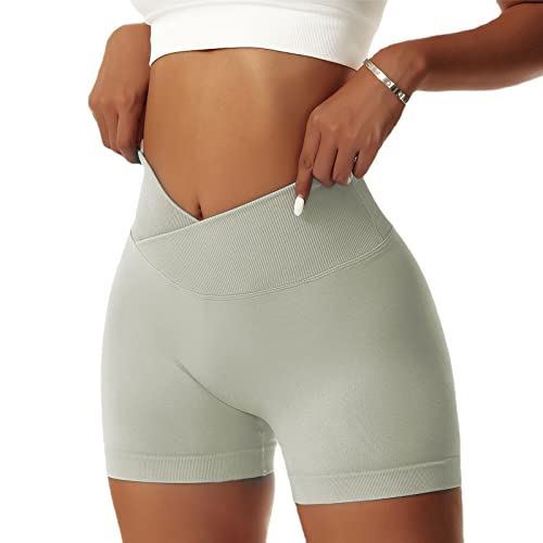 Vertvie Women's Workout Gym Shorts Booty V Cross Spandex Yoga Biker Shorts Scrunch Butt High Waisted Athletic Leggings (Grey Green,Small)