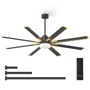 amico ceiling fans with lights, 72 inch indoor/outdoor large industrial ceiling fan with remote control, reversible, 8 aluminum blades, 3cct, dimmable, damp rated black ceiling fan for bedroom patio