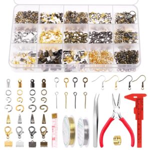 keadic 1459pcs jewelry findings starter kit includes jump rings, cord ends, eye pin, lobster clasps, earring hooks, beading wires, flat nose pliers for jewelry earring bracket necklace making